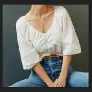 Anthropologie - V Neck Quarter Sleeve Ruched Blouse - White - Small - NWOT